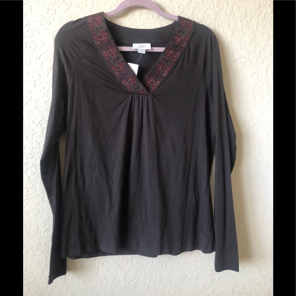 Ann Taylor Loft Brown V-Neck Long Sleeve Shirt